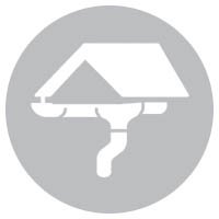 Icon der Bauklempnerei mit stilisiertem Hausdach, Dachrinne und Fallrohr als Symbol f&uuml;r Dach- und Entw&auml;sserungsarbeiten